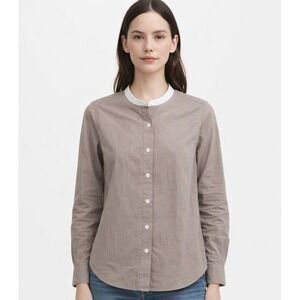 MUJI Button Up‎ Shirt Womens XS Beige White Band Collar 100% Cotton Minimalist